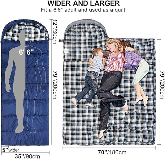 REDCAMP Flannel Sleeping Bag for Adults, Comfortable Cotton Sleeping Bags for Camping with Detachable Hood, Red/Grey/Blue