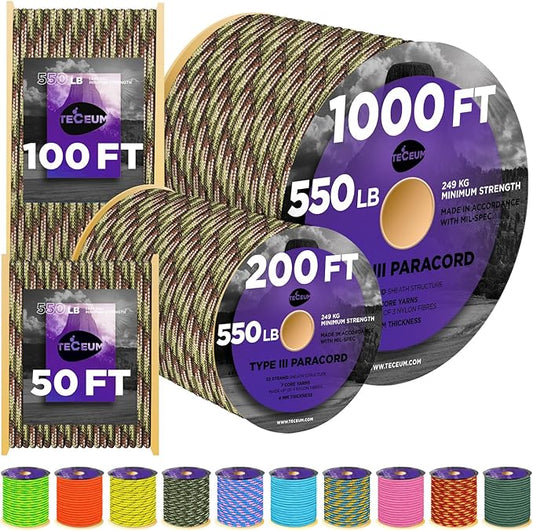 TECEUM Heavy Duty Rope 1000 – 1000ft / 200ft / 100ft / 50ft – 40+ Colors – Utility Rope for Survival & Camping Gear – Nylon String, Camping Rope, para Cord, Utility Nylon Rope, Tent Cord