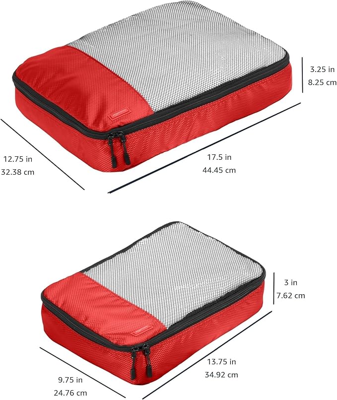 Amazon Basics Packing Cubes for Travel, Packing Organizers Set, 4-Piece-Set (2 Medium And 2 Large) With Double Zipper Pulls and Mesh Top Panel, 100% Durable Polyester, Red