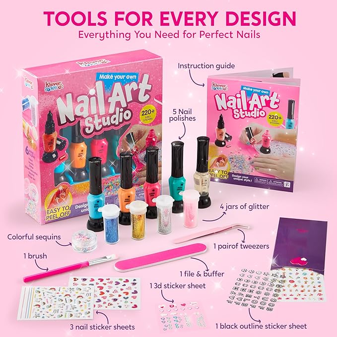 Klever Kits Nail Polish Art Kit for Kids, Kid-safe, Non-toxic Materials-Children Nail Studio With Glitter, Stickers Sequins, Stroke Sticker, Polish-Girls Creative Idea Birthday Gifts Age 7 8 9 and up