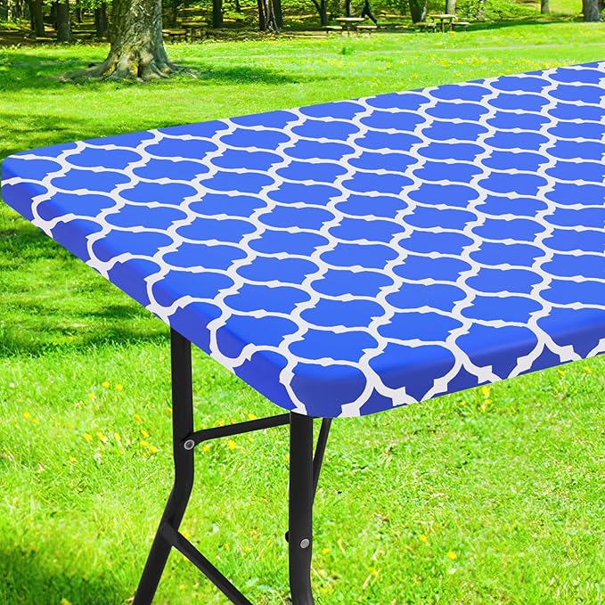 Smiry Rectangle Picnic Table Cover, Waterproof Elastic Fitted Camping Tablecloths for 8 Foot Tables, Wipeable Flannel Backed Vinyl Tablecloth Protector for Indoor, Outdoor (Blue, 30x96 Inches)