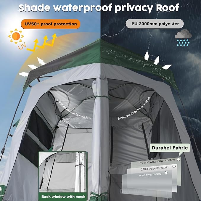 Camping Shower Tent Deluxe Changing Room Easy Set Up Privacy Shelter,Large Toilet Tent 2 Rooms with Floor Drain Design for Beach, Camping,Hiking with Stakes and Ropes for Stability