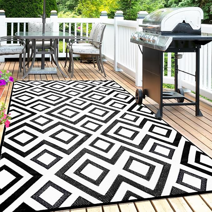 Outdoor Rug Mat for Patio, 9x12ft Waterproof Reversible Plastic Straw Rugs, Camping Carpet Area Mats for RV, Porch, Deck, Backyard, Balcony, Camper, Trailer, Black & White