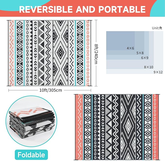 Outdoor Rugs Patio Camping Waterproof - 8x10 Plastic Straw Patio Rug Portable for Campers, Outside RVs Mat, Outdoor Area Carpet for Patios Clearance, Backyard Porch, Balcony, Picnic