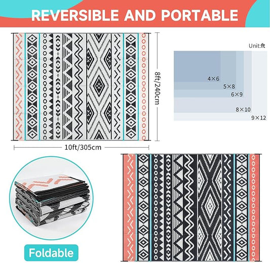 Outdoor Rugs Patio Camping Waterproof - 8x10 Plastic Straw Patio Rug Portable for Campers, Outside RVs Mat, Outdoor Area Carpet for Patios Clearance, Backyard Porch, Balcony, Picnic