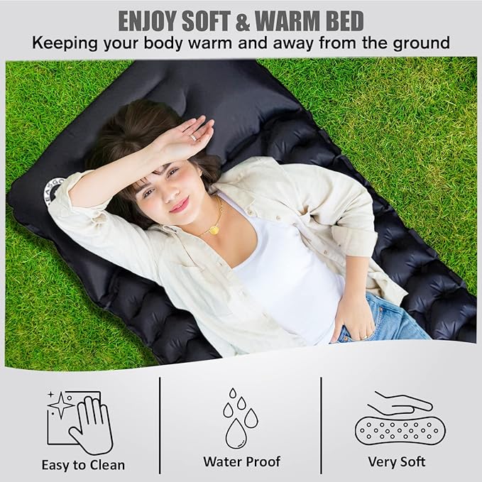 Sleeping Pad for Camping, Inflatable, Backpacking, Hiking, Travel, Built-in Step Inflating Air Pump, Integrated Pillow, Indoor Outdoor Firm Sleep Support, Compact and Portable, Black