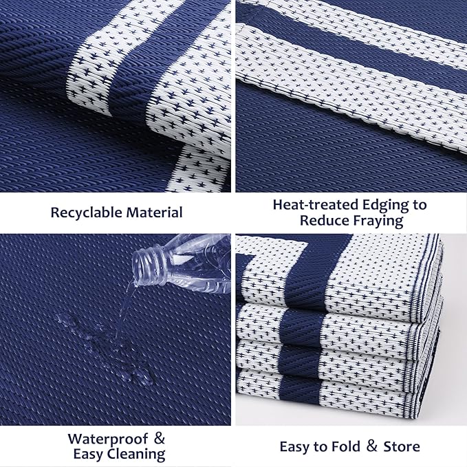 HappyTrends Outdoor Rug Reversible Portable Plastic Straw Camping Rugs for Outside RV,Large Waterproof Outdoor Area Rugs for Patio,Deck,Porch,Balcony (5'x 8',White&Blue)