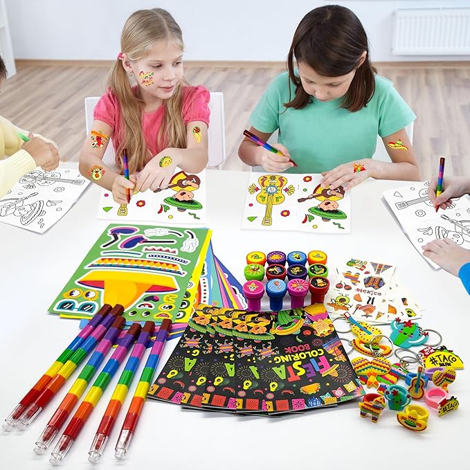 72 Pieces Mexican Party Favors Coloring Books with Crayons Set,Fiesta Party Pinatas Goodie Bag Fillers, Cinco de Mayo Party Supplies Craft DIY Kit Face Stickers Tattoo for Taco Party Day of the Dead