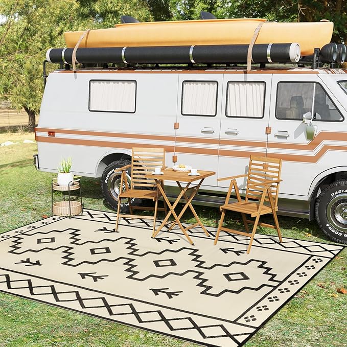 Uphome Outdoor Rugs 8x10 Waterproof, Reversible Tan Boho RV Camping Rug, Patio Plastic Straw Outside Rug, Large Foldable Outdoor Mat Carpet for Backyard Deck Pool Balcony Picnic Beach, 8'x10'