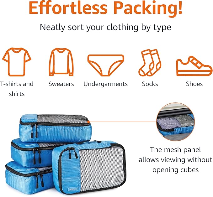Amazon Basics Small Packing Cubes for Travel, Packing Organizers, 4-Piece-Set With Double Zipper Pulls and Mesh Top Panel, 100% Durable Polyester, Sky Blue, 11"L x 6.8"W x 3"H