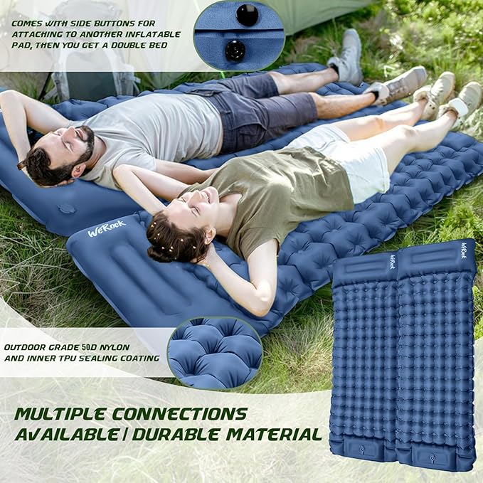 Camping Sleeping Pad, Ultralight Inflatable Camping Mat with Pillow Built-in Foot Pump Inflatable Sleeping Pads for Hiking Backpacking Camping Family Trips Tent(Blue)