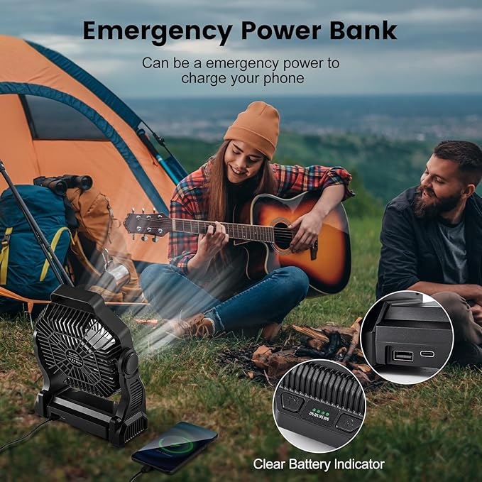 Odoland Camping Fan with LED Lantern, 20000mAh Rechargeable Battery Operated Fan, Portable Outdoor Light with Rotation Hook for Picnic Power Outage Hurricane Emergency Home Patio, Black