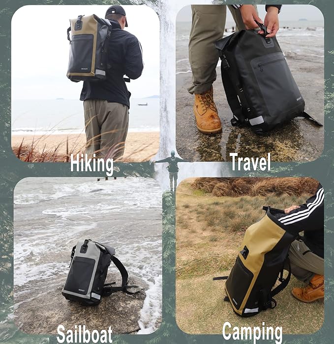 BRONZY Waterproof Backpack Dry Bag 30L Roll Top Closure with Front Zippered Pocket Heavy Duty Breathable Foam Padded Backing For Kayaking Camping Boating Hiking Beach (Black)