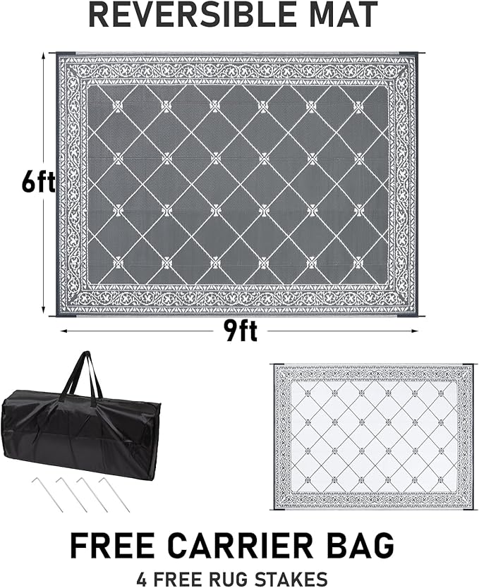 HiiARug Reversible Mats Outdoor Rug 6'x9' for Patio Plastic Straw Patio Rugs Outdoor Rugs Large Floor Mat for Ourdoor Decor,Garden, Patio, Backyard, Deck, Picnic, RV, Camping (Grey)