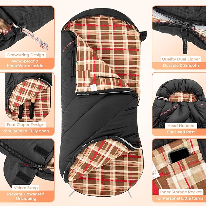 KingCamp Sleeping Bag for Adults, Cold Weather & Warm Extra Wide Big & Tall XL Portable Waterproof Flannel Sleeping Bags, Essentials Gear Accessories for Camping Backpacking Hiking Indoor & Outdoor