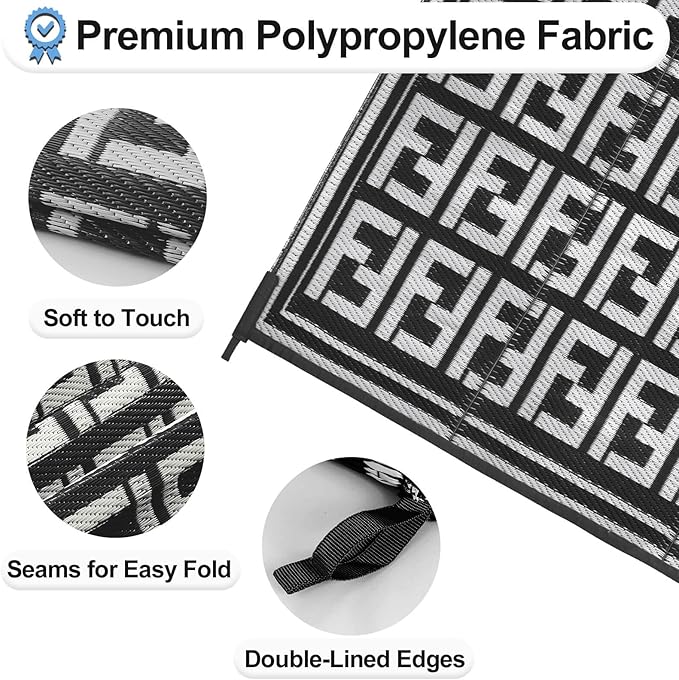 OutdoorLines Outdoor Plastic Area Rugs for Patio 5x8 ft - Reversible Outside Carpet, Stain & UV Resistant RV Mats, Straw Rug for Camping, Deck Garden, Porch and Balcony, Geometry Black & Light Grey