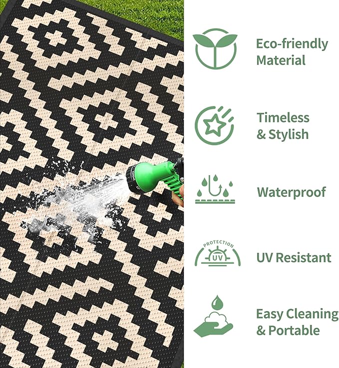 GENIMO Outdoor Rug 2.5'x8' Waterproof, Reversible Camping Mat, Plastic Straw Rugs for Patio, RV, Camper, Balcony, Backyard, Picnic, Deck (Black & Beige)
