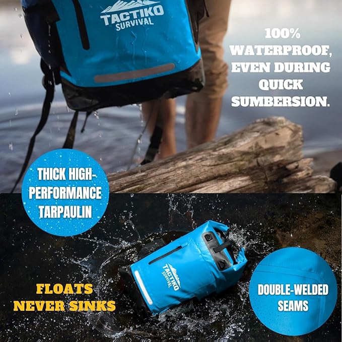 TACTIKO 30L Heavy-Duty 100% Waterproof Backpack, Roll Top Dry Bags for Kayaking, Hiking, Camping, Survival