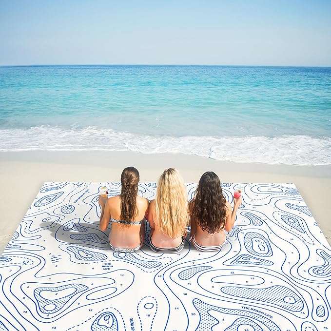 Beach Blanket Sandproof, 78''×86'' Large Waterproof Sand Free Beach Mat for 4 Adults, Big Compact Foldable White Beach Essential with 4 Stakes & 4 Corner Pockets for Picnic, Camping, Travel