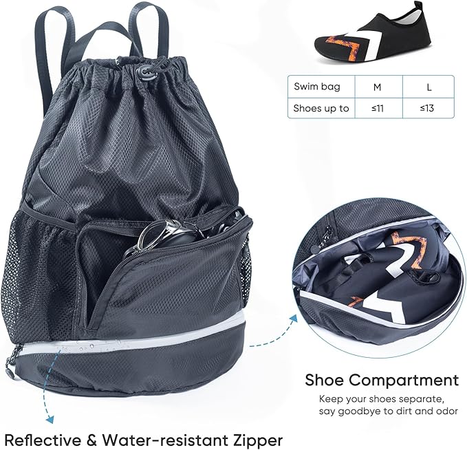 Swim Beach Sports Drawstring Backpack - Gym Bag with Shoes Compartment and Waterproof Pocket for Gym Accessories, Swim Essentials - Kids Mens Beach Workout Bag