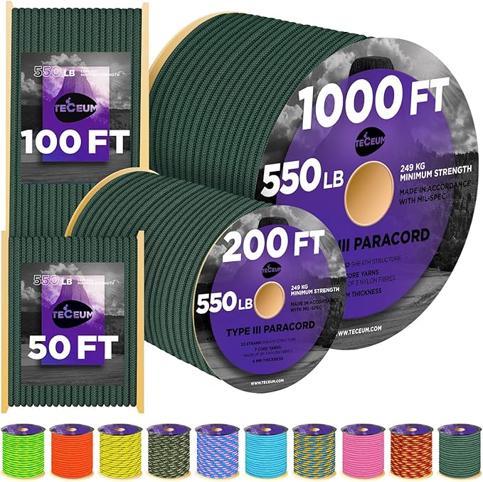 TECEUM Heavy Duty Rope 1000 – 1000ft / 200ft / 100ft / 50ft – 40+ Colors – Utility Rope for Survival & Camping Gear – Nylon String, Camping Rope, para Cord, Utility Nylon Rope, Tent Cord