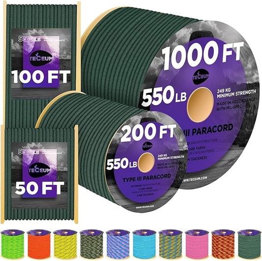 TECEUM Heavy Duty Rope 1000 – 1000ft / 200ft / 100ft / 50ft – 40+ Colors – Utility Rope for Survival & Camping Gear – Nylon String, Camping Rope, para Cord, Utility Nylon Rope, Tent Cord