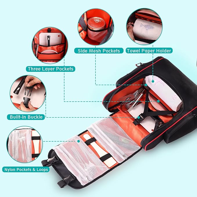 Camping Organizer for Outdoor Kitchen Storage, Large Hanging Cookware Backpack with Paper Towel Holder, Multi Pockets Camp Utensil Containers for BBQ Grill Cooking Essential Tools, Bag Only