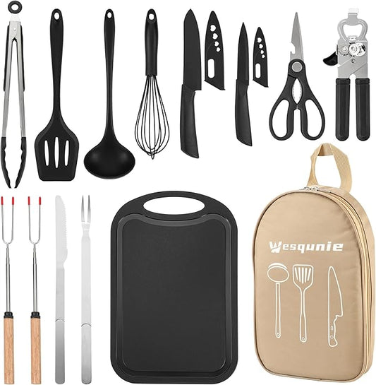 Camping Essentials Cookware Cooking Utensils Set - Portable Camp Kitchen Mess Kit Outdoor Accessories, Stainless Steel & Silicone, Camping Gear Equipment for RV Picnic Grill