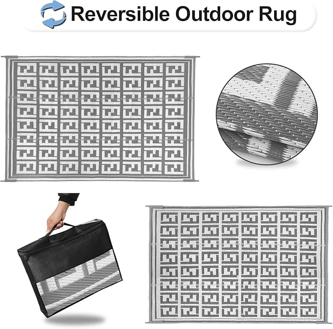 OutdoorLines Outdoor Plastic Area Rugs for Patio 4x6 ft - Reversible Outside Carpet, Stain & UV Resistant RV Mats, Straw Rug for Camping, Deck Garden, Porch and Balcony, Geometry Grey & Light Grey