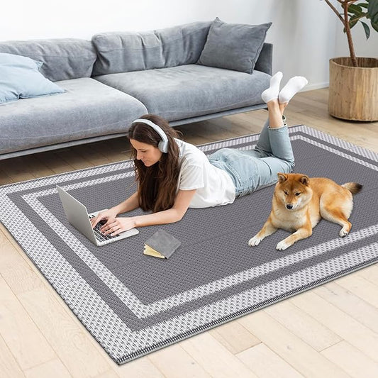 HappyTrends,Outdoor Rug,Patio Rug,Reversible Portable Outdoor Plastic Straw Rug,Camping Rugs for Outside RV,Large Waterproof Area Rugs for Patio,Deck,Picnic,Porch,Balcony(4'x 6',White&Gray)