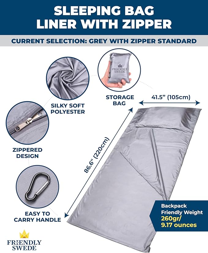 The Friendly Swede Sleeping Bag Liner — Ultralight Polyester or Cold Weather Microfiber Adult Sleep Sack; Thin Travel Sheets for Hotel; Camping Sheets; Travel Sleeping Bag with Pocket-Size Stuff Sack