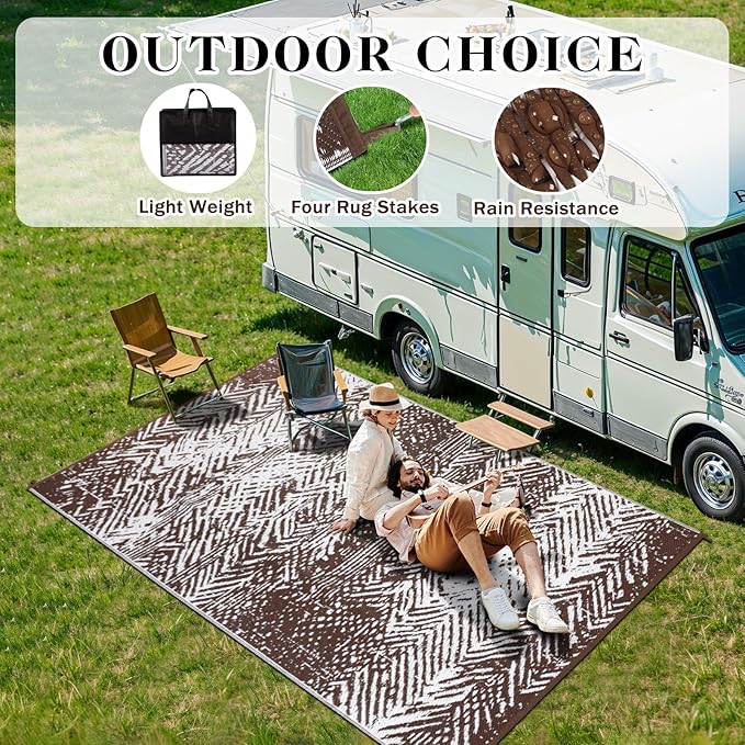 Outdoor Patio Rug 5x8 Brown, Waterproof Modern Reversible Outdoor Plastic Straw Rugs RV Camping Mat UV-Resistant Outside Carpet Portable Area Mats for Garden Balcony Deck Picnic Beach