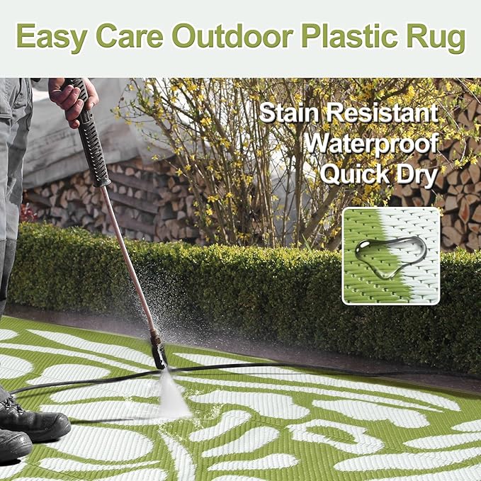Wonnitar Outdoor Rug 8x10,Waterproof Outdoor Rugs for Patios Clearance,Reversible Outside Plastic Straw Carpet,Large Green Abstract Plant Lightweight Mat for Balcony Deck RV (Green Flower, 8'x10')