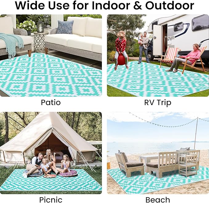 Smiry Waterproof Outdoor Rug 8x10 ft, Reversible Plastic Straw Patio Camping Rugs, Outdoor Indoor RV Mat Carpet for Patio, Outside Entry, Backyard, Deck, Bench, Picnic, Camper, White & Teal