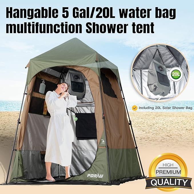 Portable Camping Shower Tent Deluxe Changing Room with Shower Bag Easy Set Up Privacy Shelter,Large Toilet Tent with Floor Drain Design for Beach,Camping,Hiking with Stakes and Ropes for Stability