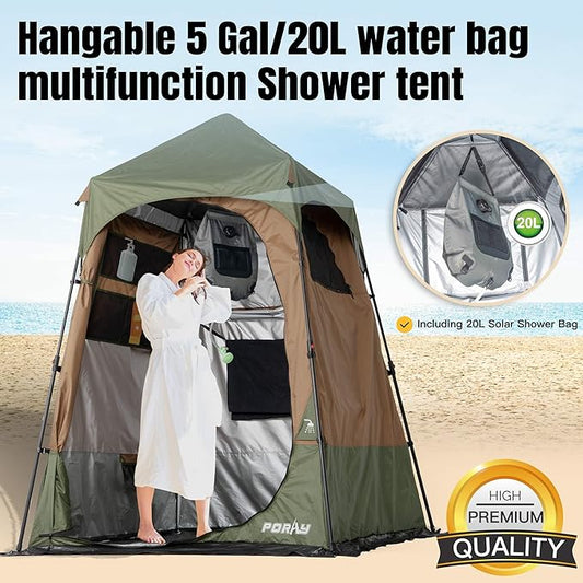 Portable Camping Shower Tent Deluxe Changing Room with Shower Bag Easy Set Up Privacy Shelter,Large Toilet Tent with Floor Drain Design for Beach,Camping,Hiking with Stakes and Ropes for Stability