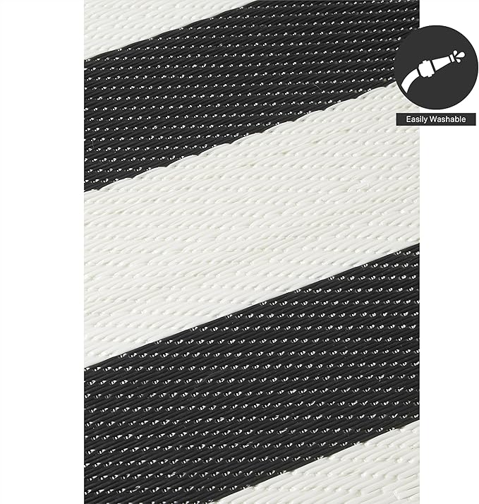 FH Home Outdoor Rug - Waterproof, Fade Resistant, Reversible - Premium Recycled Plastic - Striped - Large Patio, Deck, Sunroom, Camping, RV - Brittany Stripe - Black & White Crease Free - 5 x 8 ft