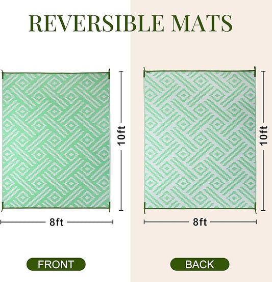 OPPODREAM Outdoor Rug 8x10 Patio Waterproof, Large Outdoor Plastic Straw Rug, Reversible Out Door Carpet for Camping, Deck, Rv, 8 x 10 Area Carpet for Balcony, Porch, Backyard, White and Green