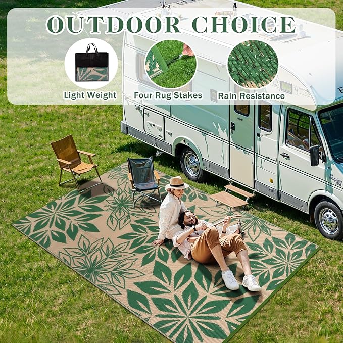 Waterproof Outdoor Rugs 5x8, Green Outdoor Plastic Straw Rug Double-Sided, Fade Resistant Patio Rug, Easy Cleaning RV Camping Mats Outside Carpet Portable for Balcony Porch Garden Deck Picnic