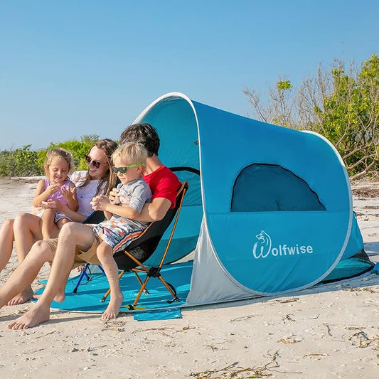 WolfWise UPF 50+ Easy Pop Up 3-4 Person Beach Tent Sport Umbrella Instant Sun Shelter Tent Sun Shade Canopy
