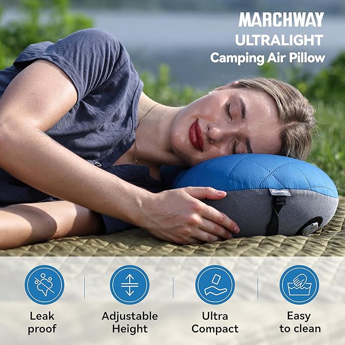 MARCHWAY Ultralight Inflatable Camping Pillow with Soft Washable Cover, Compact Compressible Portable Travel Air Pillow for Outdoor Camp, Sport, Hiking, Backpacking Sleep (Blue)