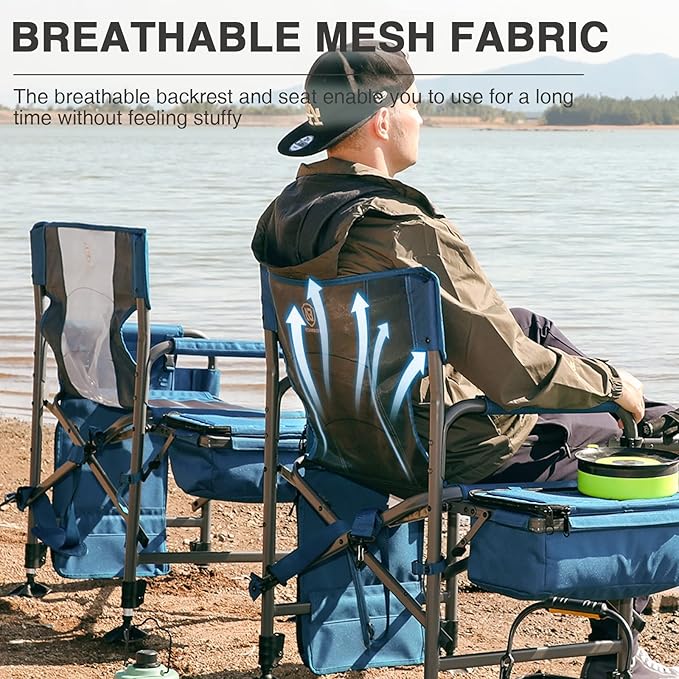 EVER ADVANCED Fishing Chair with Rod Holder and Cooler, All Terrain Ice Fishing Chair with Adjustable Feet, Mesh Back Folding Camping Chair with Shoulder Strap, Heavy Duty Supports 350LBS