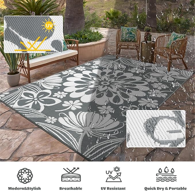 Ileading Outdoor Plastic Straw Rug 9x12ft Funny Floral Style Reversible Patio Area Rugs Waterproof Non Shedding Portable Carpets for Rv Outside Deck Pool Beach Picnic Camping (Grey)