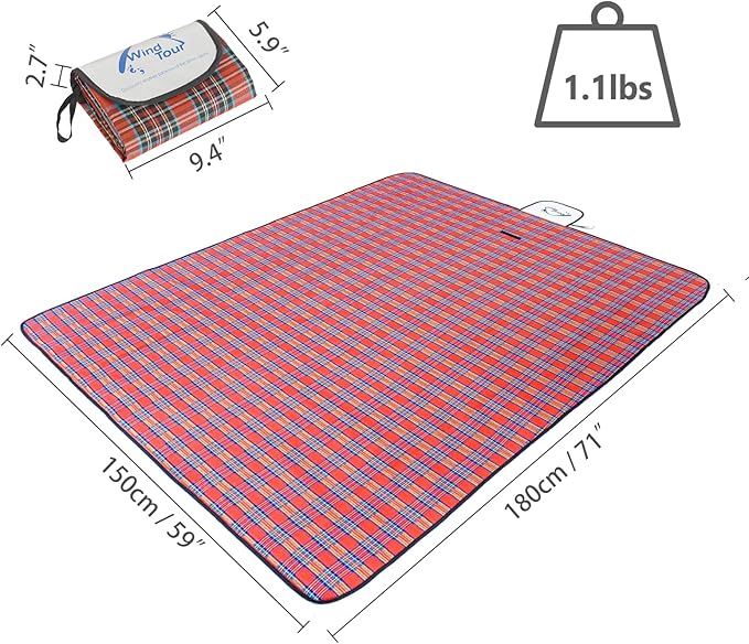 Wind Tour Family Outdoor Waterproof Durable Picnic Blankets with Carry Strap Foldable Sandproof Picnic Floor Mat for Kids Playground Camping Hiking Grass Travelling (2, Red)
