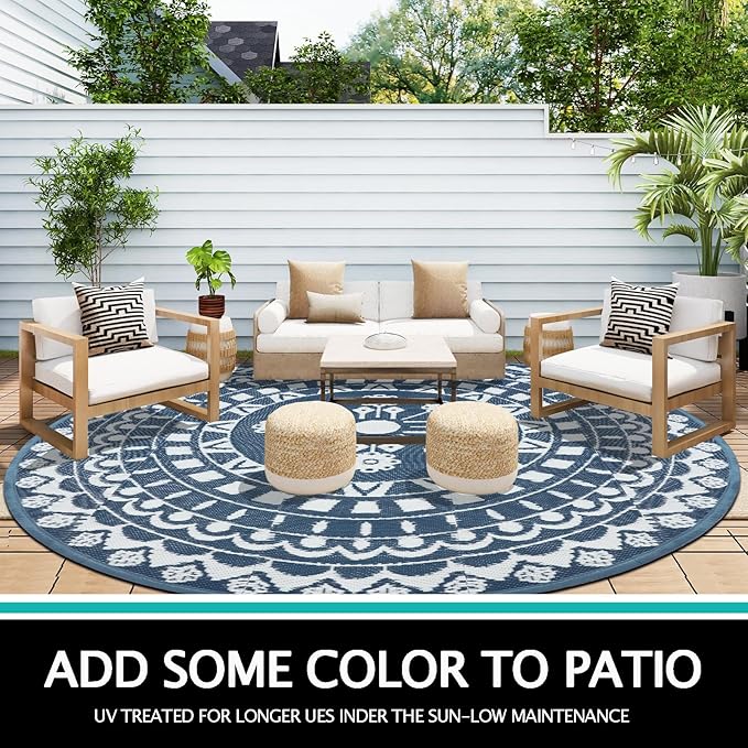 Capslpad 8Ft Round Outdoor Rug for Patios Clearance Reversible Mat Plastic Straw Patio Rugs Lightweight RV Camping Mat Circle Outside Area Rug Carpet for Balcony Deck Trailer Picnic,Blue