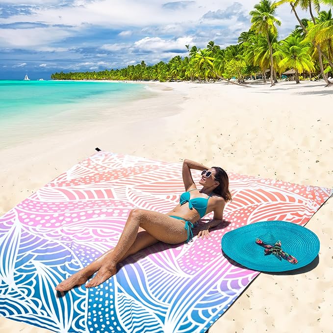Beach Blanket, Sandproof Beach Mat, Waterproof Quick Drying Lightweight Outdoor Aztec Picnic Mat 79" X 83"/120"x108" for 2-8 Adults for Travel, Camping, Hiking