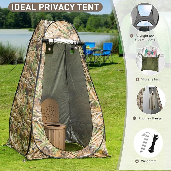 Portable Camping Toilet with Pop-Up Privacy Tent, 12-inch Toilet Seat, Outdoor Portable Folding Toilet Potty for Adults Load Capacity of 400 Lbs, LED-Light Camping Bathroom