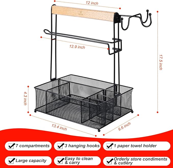 Grill Caddy, Picnic BBQ Organizer for Camping Outdoor Mesh Basket with 3 Hanging Hooks and Paper Towel Holder, Ideal Table Storage Tools for RV Camper/Tailgating/Flatware