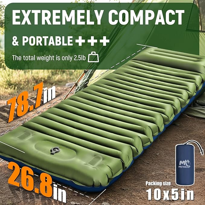 Camping Sleeping Pad, Thick 5 Inch Camping Mat with Pillow Built-in Foot Pump Ultralight Inflatable Sleeping Pads for Camping, Backpacking, Hiking, Tent