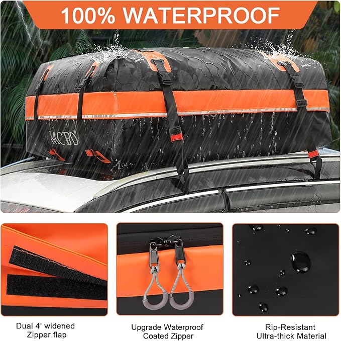 Rooftop Cargo Carrier Bag,15 Cubic Feet Soft-Shell Waterproof Car Roof Luggage Bag for All Vehicles SUV with/Without Rails,Includes 8 Reinforced Straps+4 Door Hooks,Storage Bag,Anti-Slip Mat,Orange